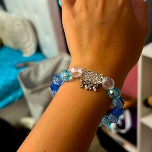 shades of blue and white plastic crystal beads with silver rain cloud gem charm